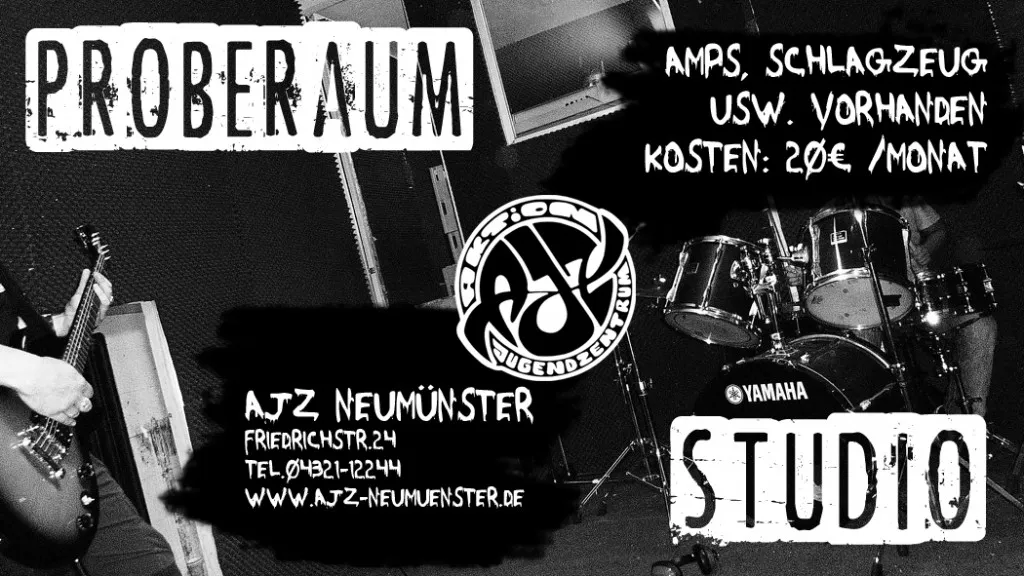 Titelbild für Probenraum, abgebildet sind Gitarre und Schlagzeug.